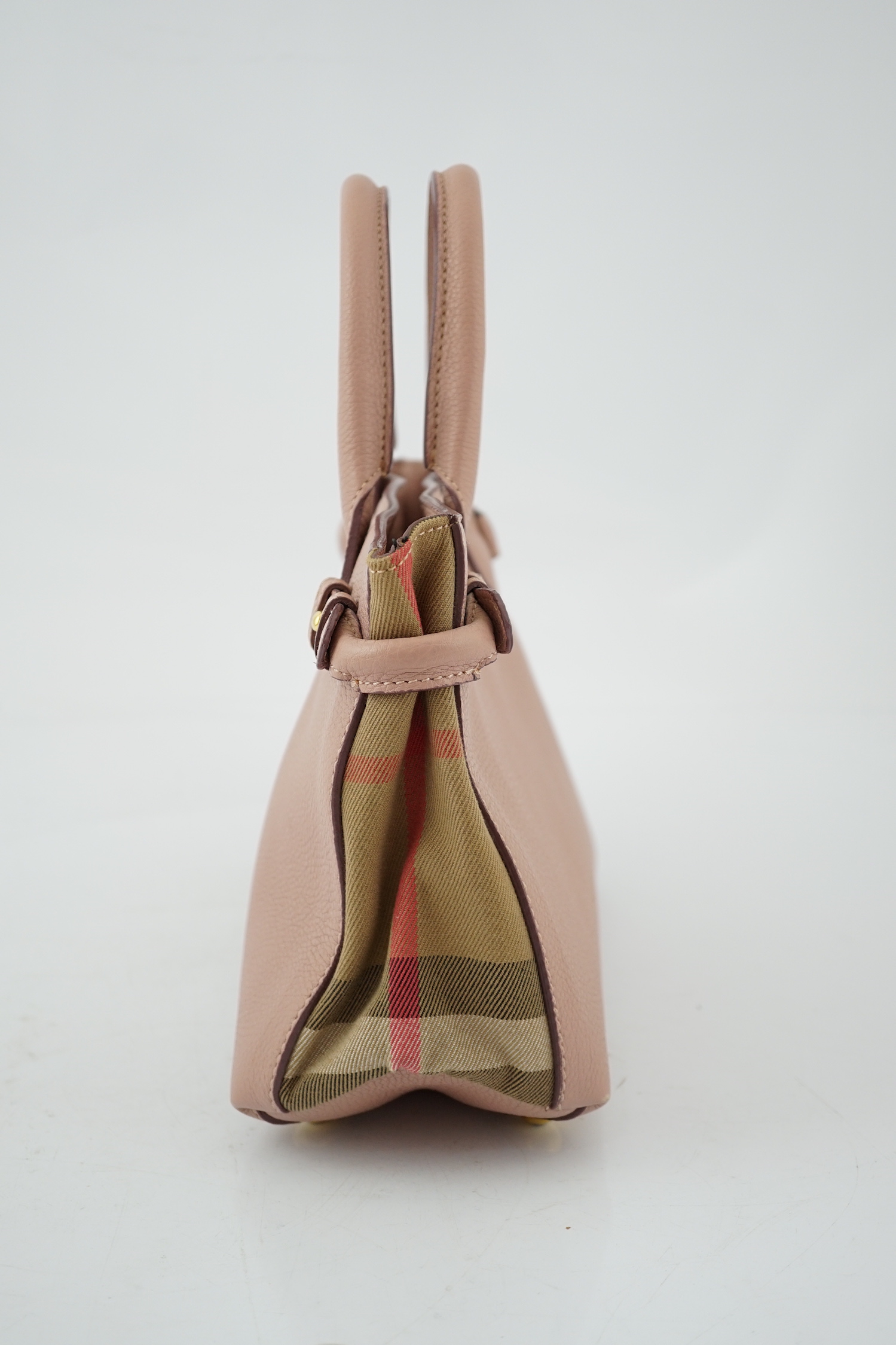 A pink Burberry small banner tote, a pink, white and silver tartan silk scarf and a pair of Dior tortoiseshell sunglasses, Handbag height 21cm, height to handle 32cm, width 28cm, depth 11cm, Scarf 192cm x 63cm